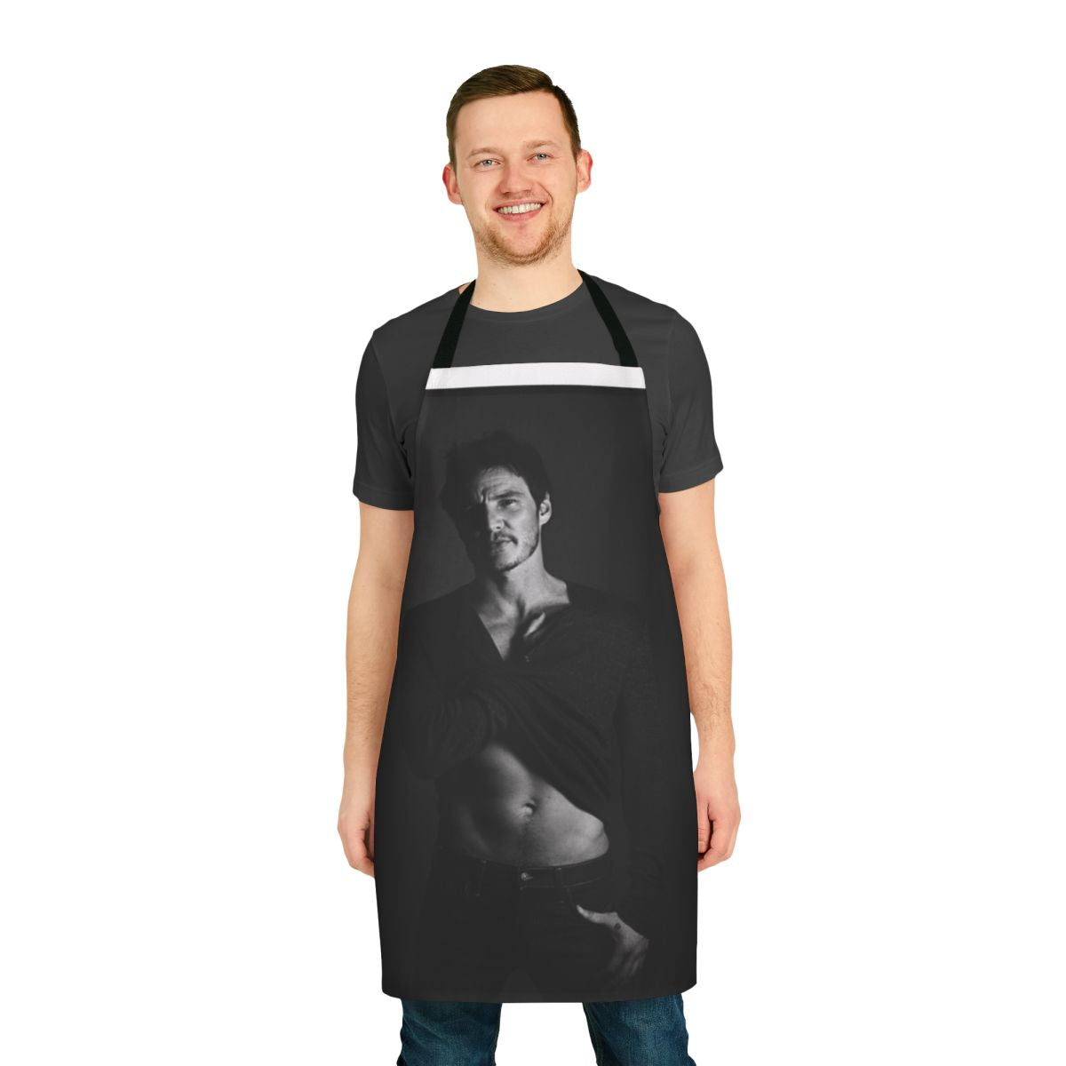 Monochrome apron featuring a black and white portrait of actor Pedro Pascal