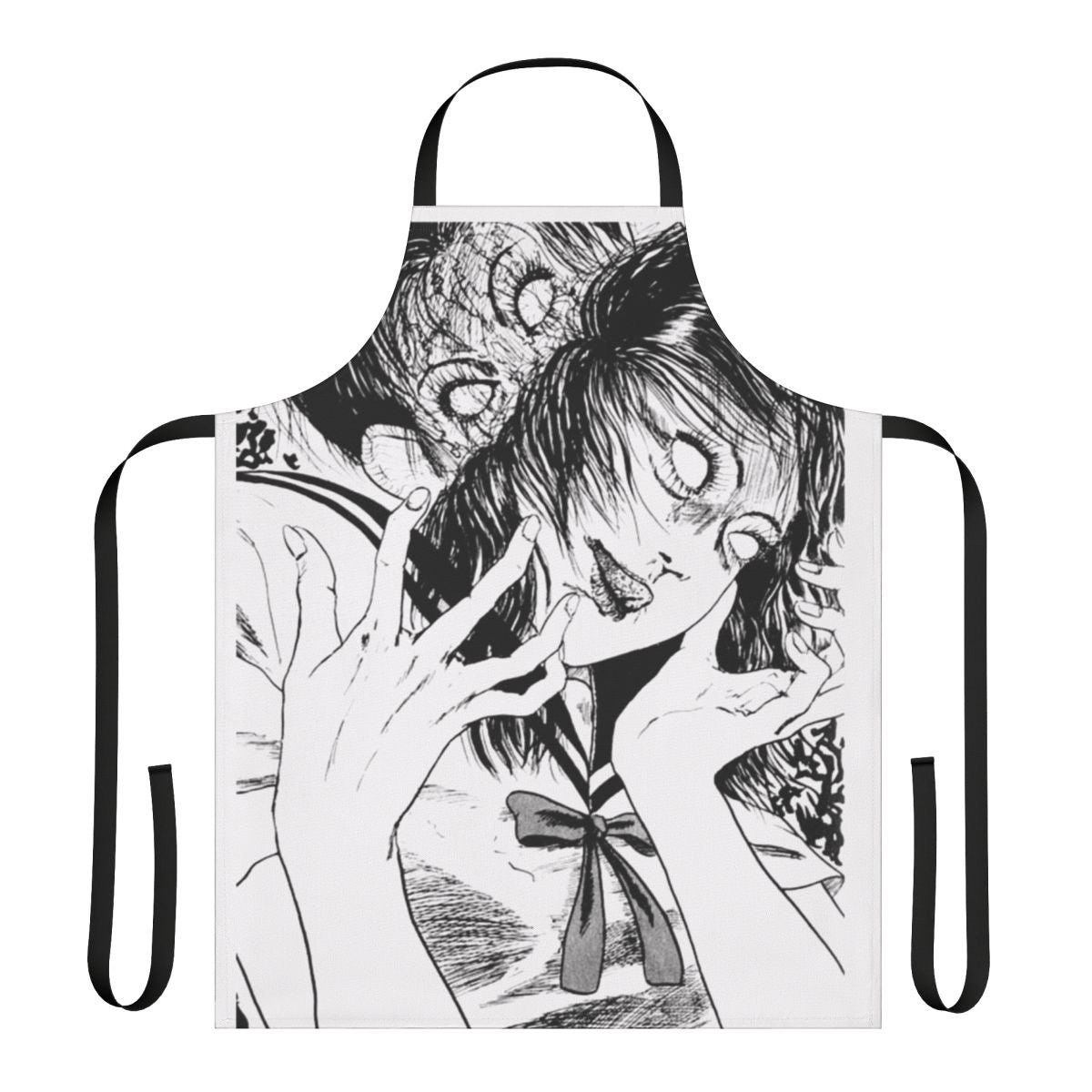 Monochrome possession design inspired apron with dark, edgy artwork