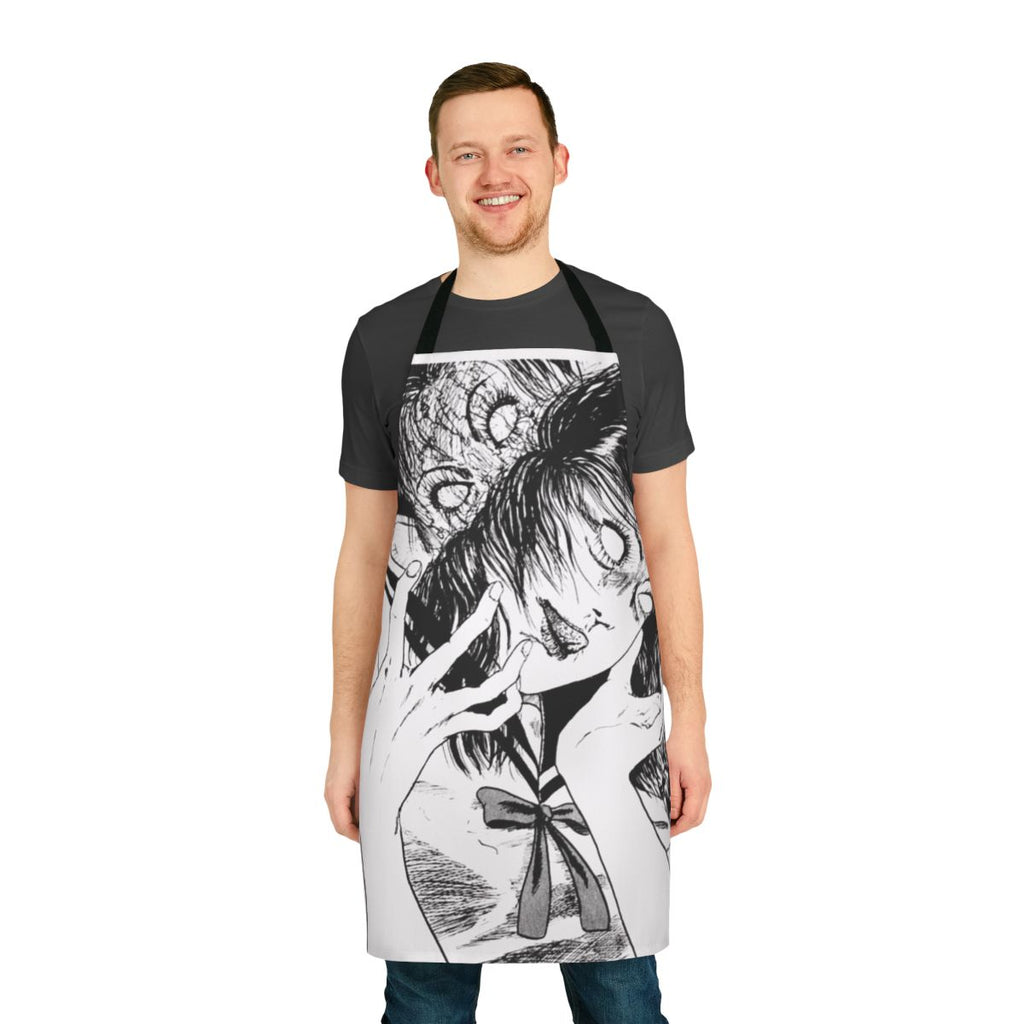 Monochrome possession design inspired apron with dark, edgy artwork