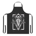 A black and white apron featuring a digital illustration of a ram skull.