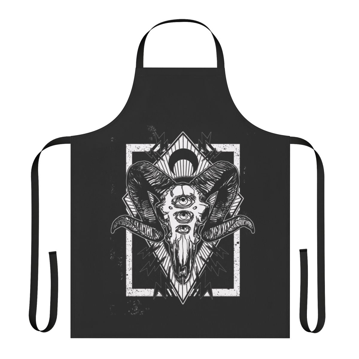 A black and white apron featuring a digital illustration of a ram skull.