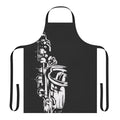 Monochrome painting of saxophone keys on a black and white apron