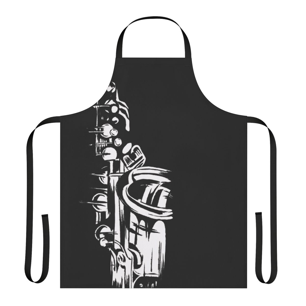 Monochrome painting of saxophone keys on a black and white apron