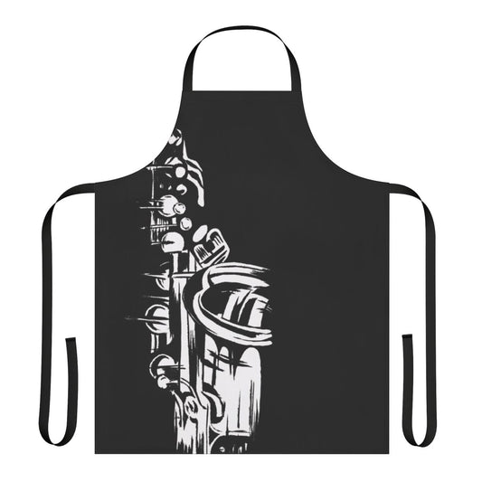 Monochrome painting of saxophone keys on a black and white apron