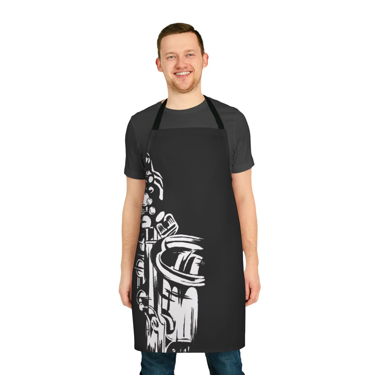 Monochrome painting of saxophone keys on a black and white apron