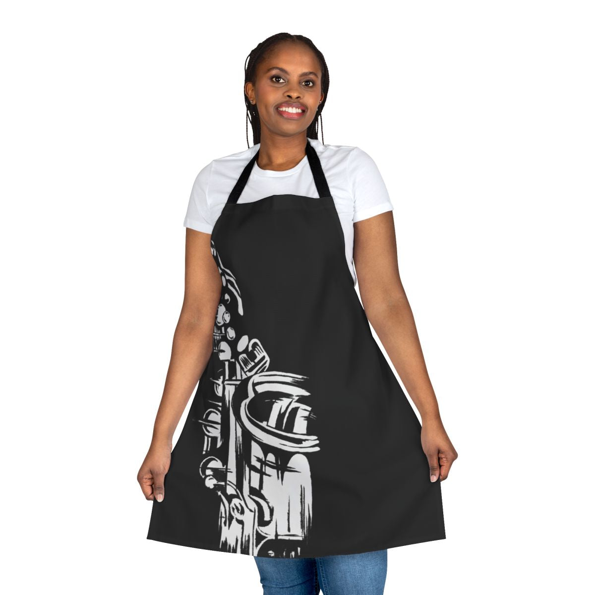 Monochrome painting of saxophone keys on a black and white apron