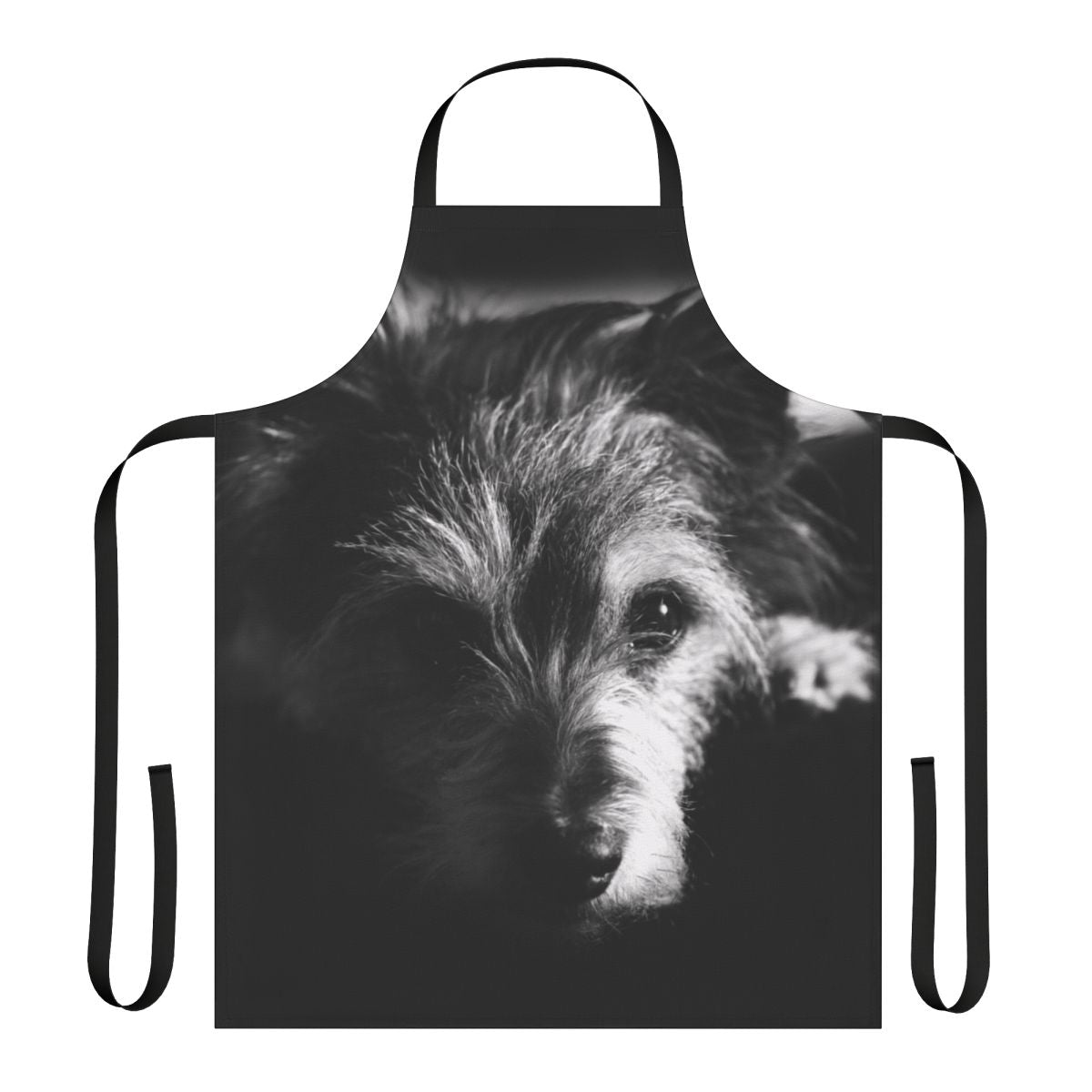 Black and white apron featuring a detailed illustration of a terrier dog in profile