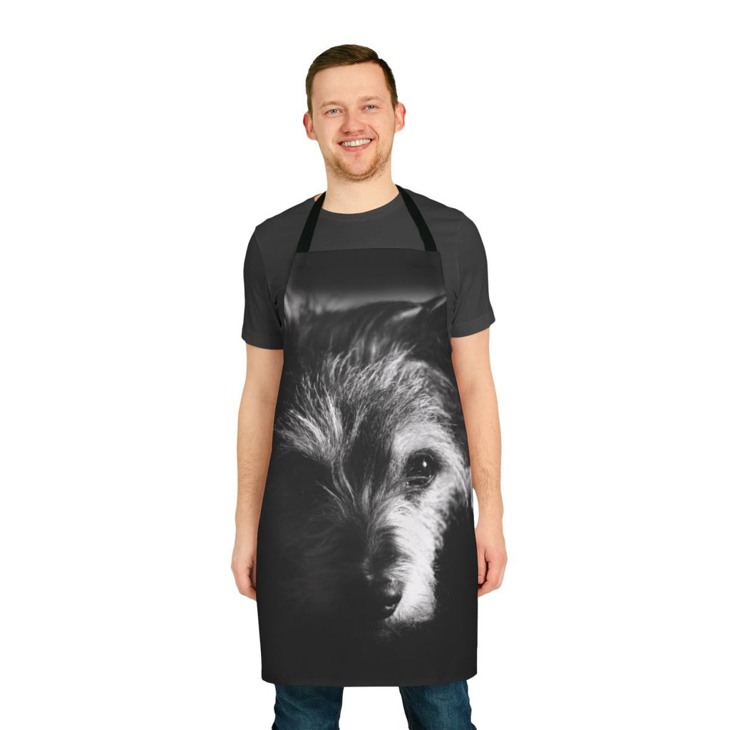 Black and white apron featuring a detailed illustration of a terrier dog in profile