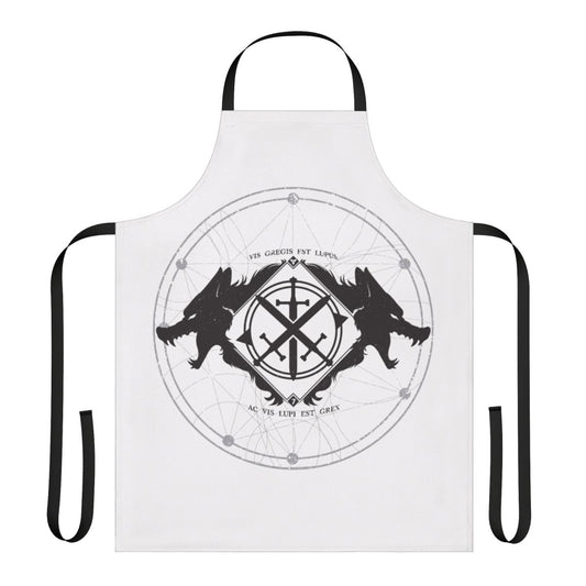 Monochrome wolf design printed on a high-quality black and white apron