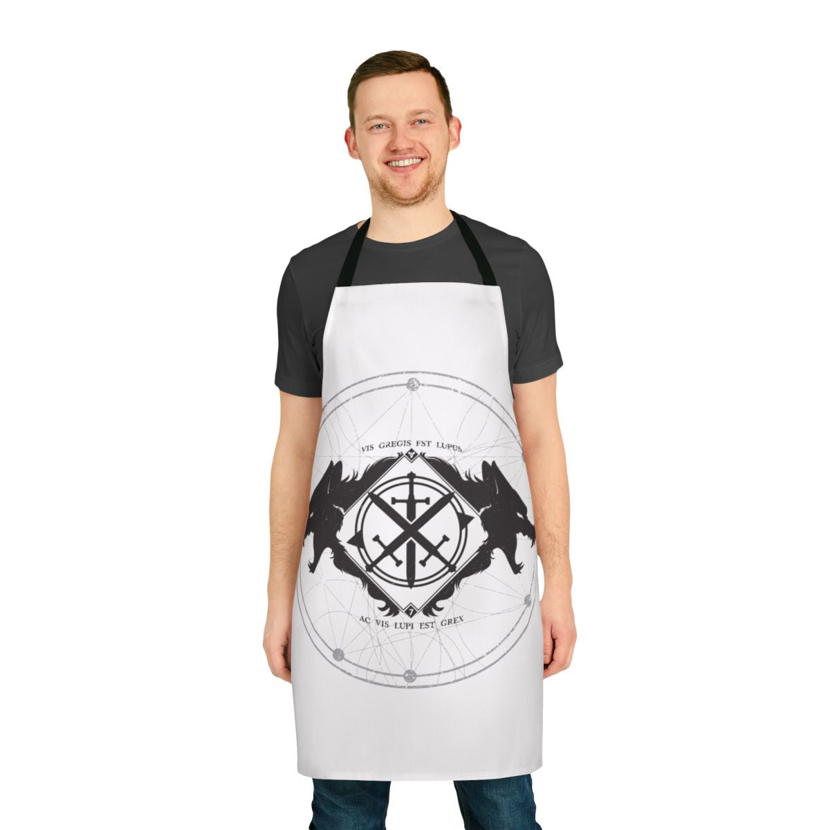 Monochrome wolf design printed on a high-quality black and white apron
