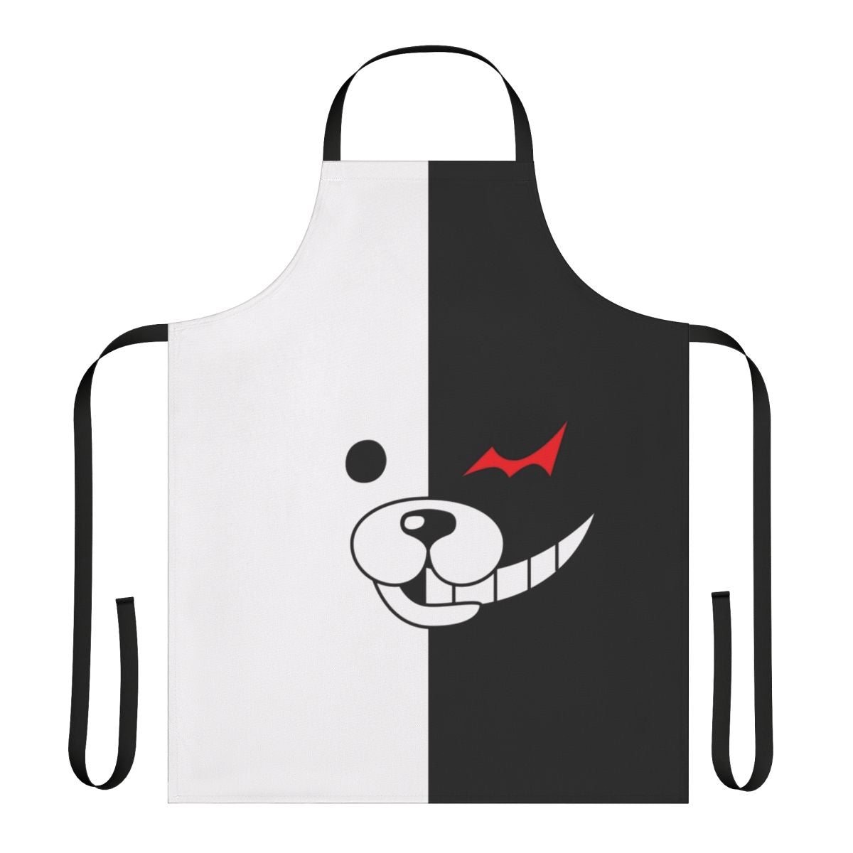Monokuma-themed apron with black and white color scheme, inspired by the Danganronpa video game series.