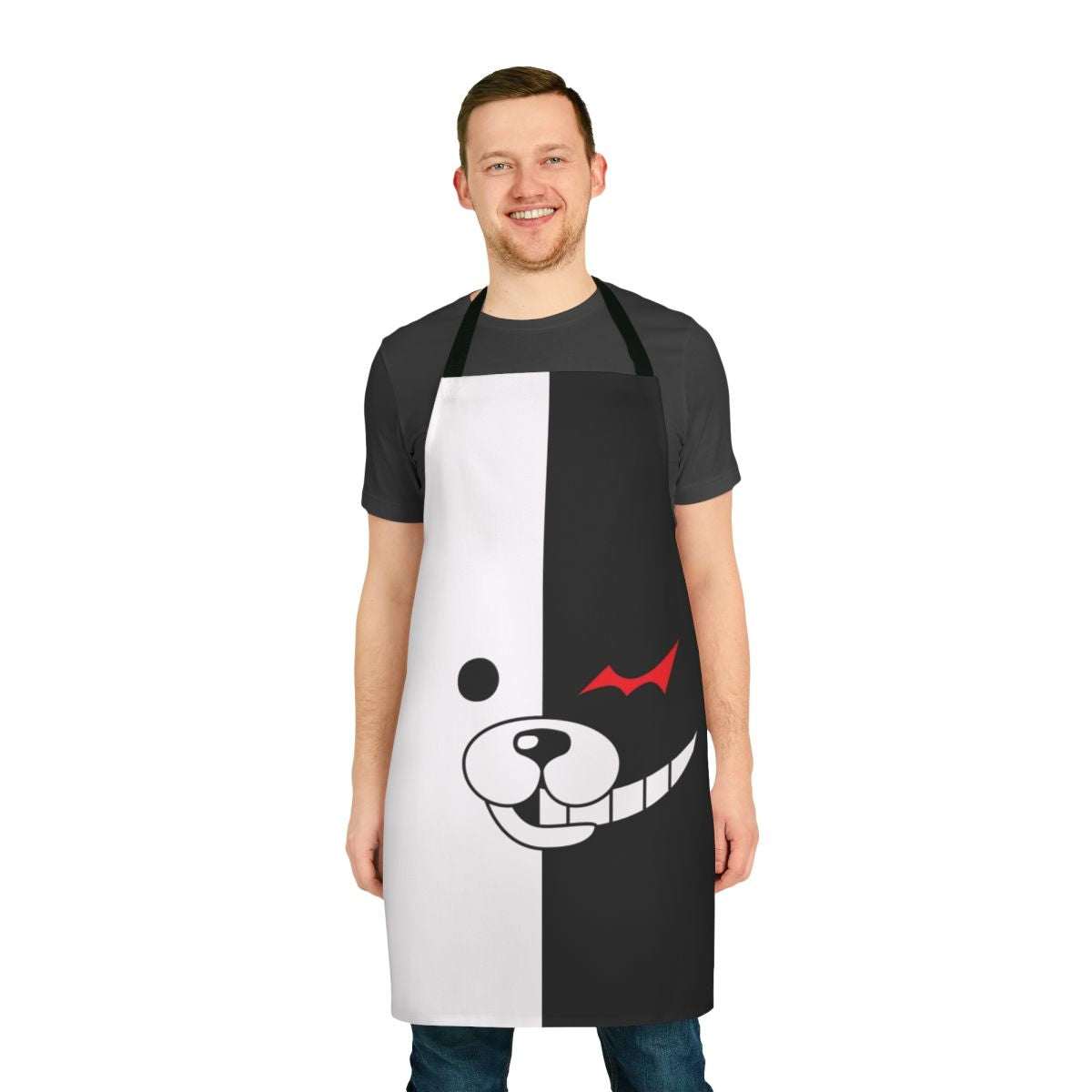 Monokuma-themed apron with black and white color scheme, inspired by the Danganronpa video game series.