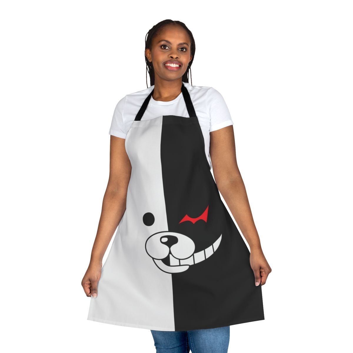 Monokuma-themed apron with black and white color scheme, inspired by the Danganronpa video game series.