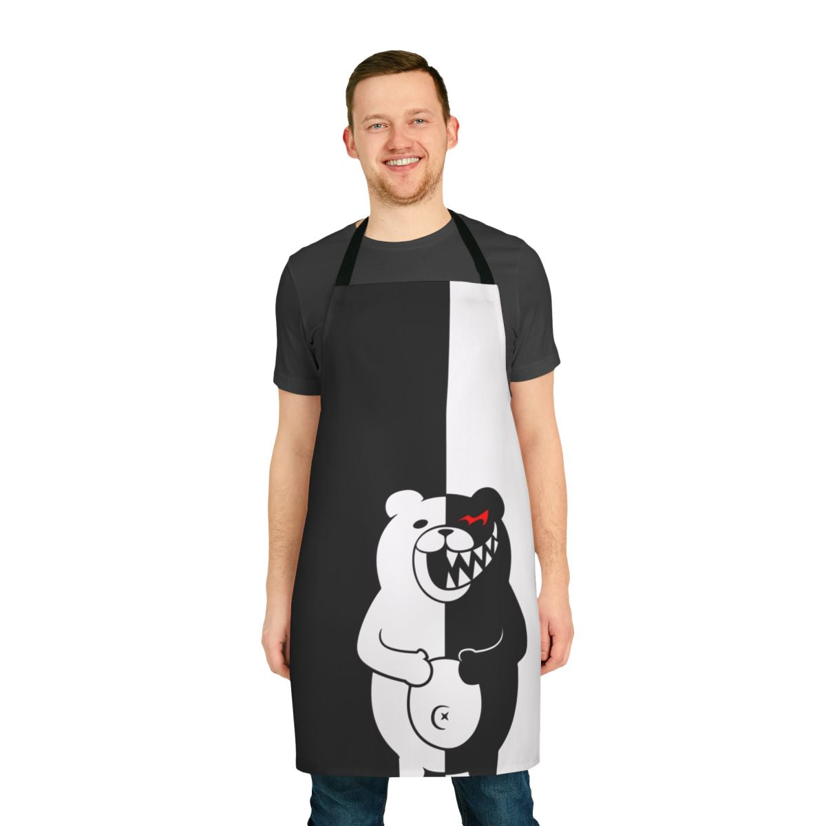 Monokuma-inspired apron with black and white design for anime and gaming enthusiasts