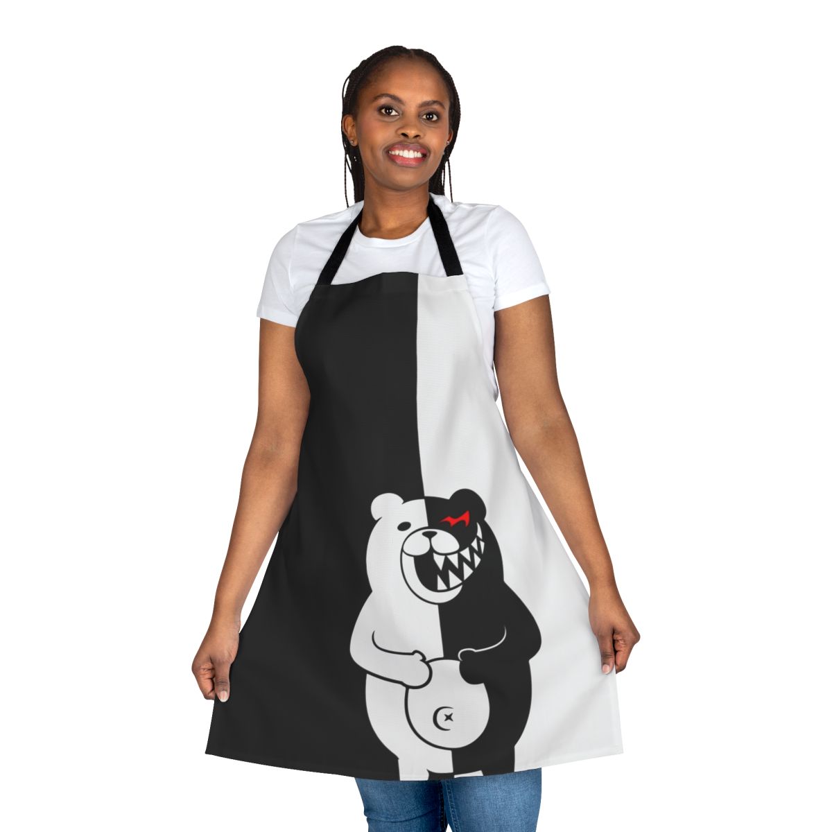 Monokuma-inspired apron with black and white design for anime and gaming enthusiasts
