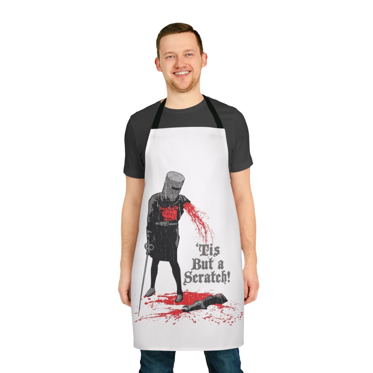 Monty Python inspired "Tis But a Scratch" apron with knights, holy grail, and flying circus references