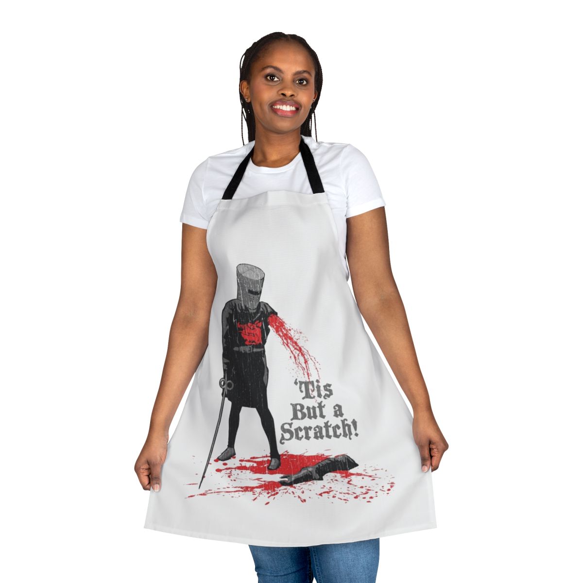 Monty Python inspired "Tis But a Scratch" apron with knights, holy grail, and flying circus references