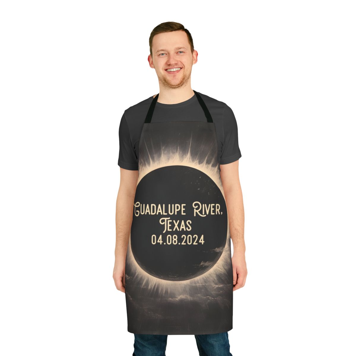Moody Guadalupe River Texas Eclipse Apron with sun, moon, and clouds