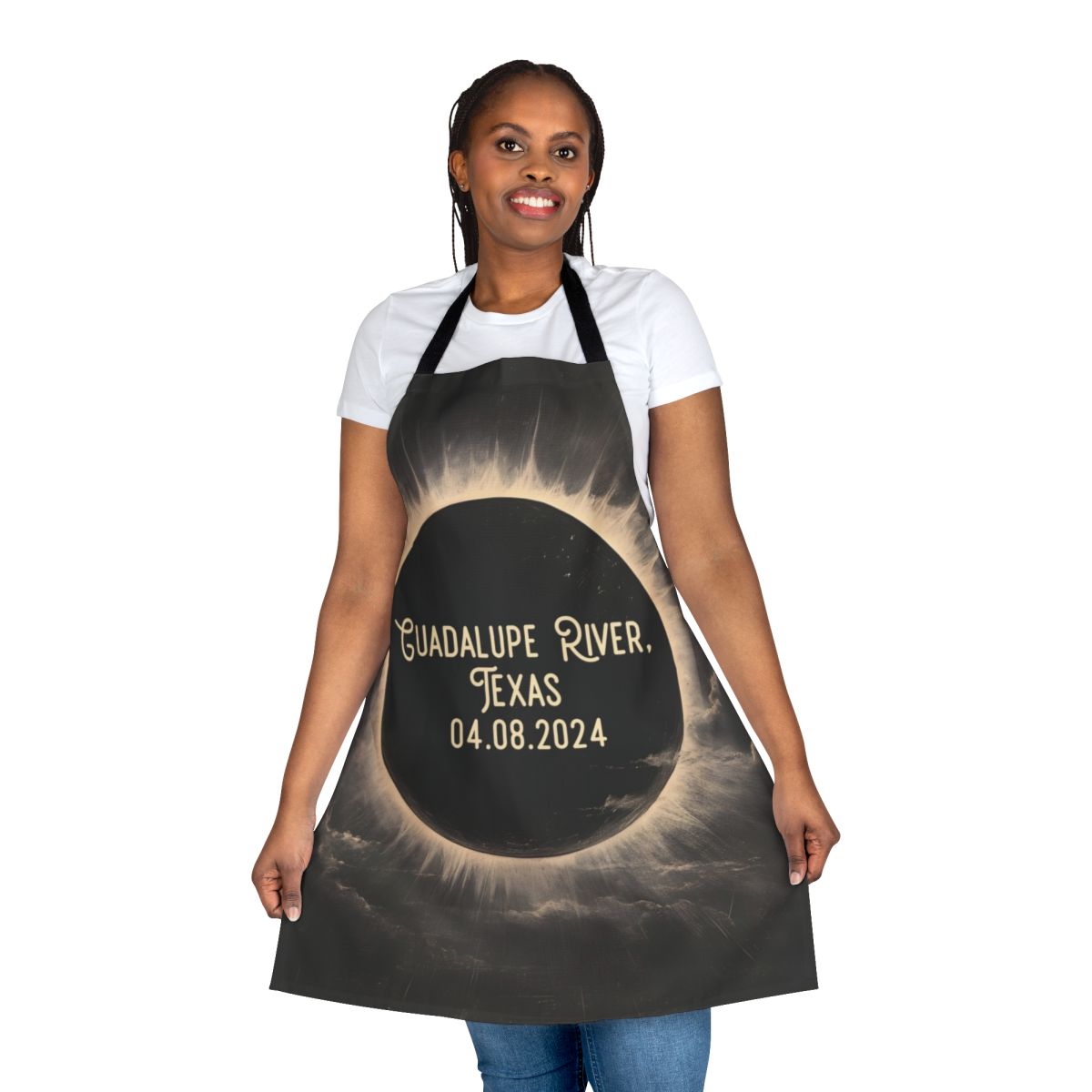 Moody Guadalupe River Texas Eclipse Apron with sun, moon, and clouds