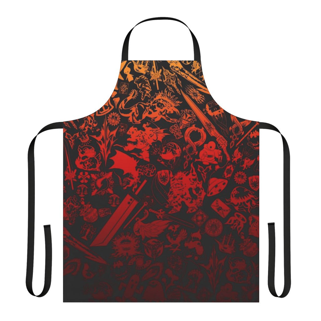 A vibrant red apron featuring the iconic Moogle design, perfect for Final Fantasy enthusiasts.