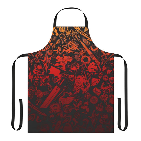 A vibrant red apron featuring the iconic Moogle design, perfect for Final Fantasy enthusiasts.