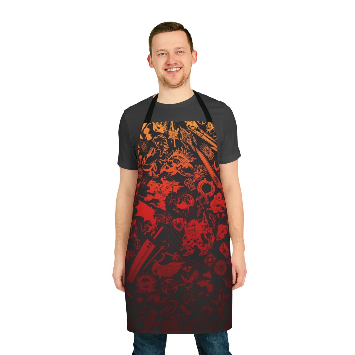 A vibrant red apron featuring the iconic Moogle design, perfect for Final Fantasy enthusiasts.