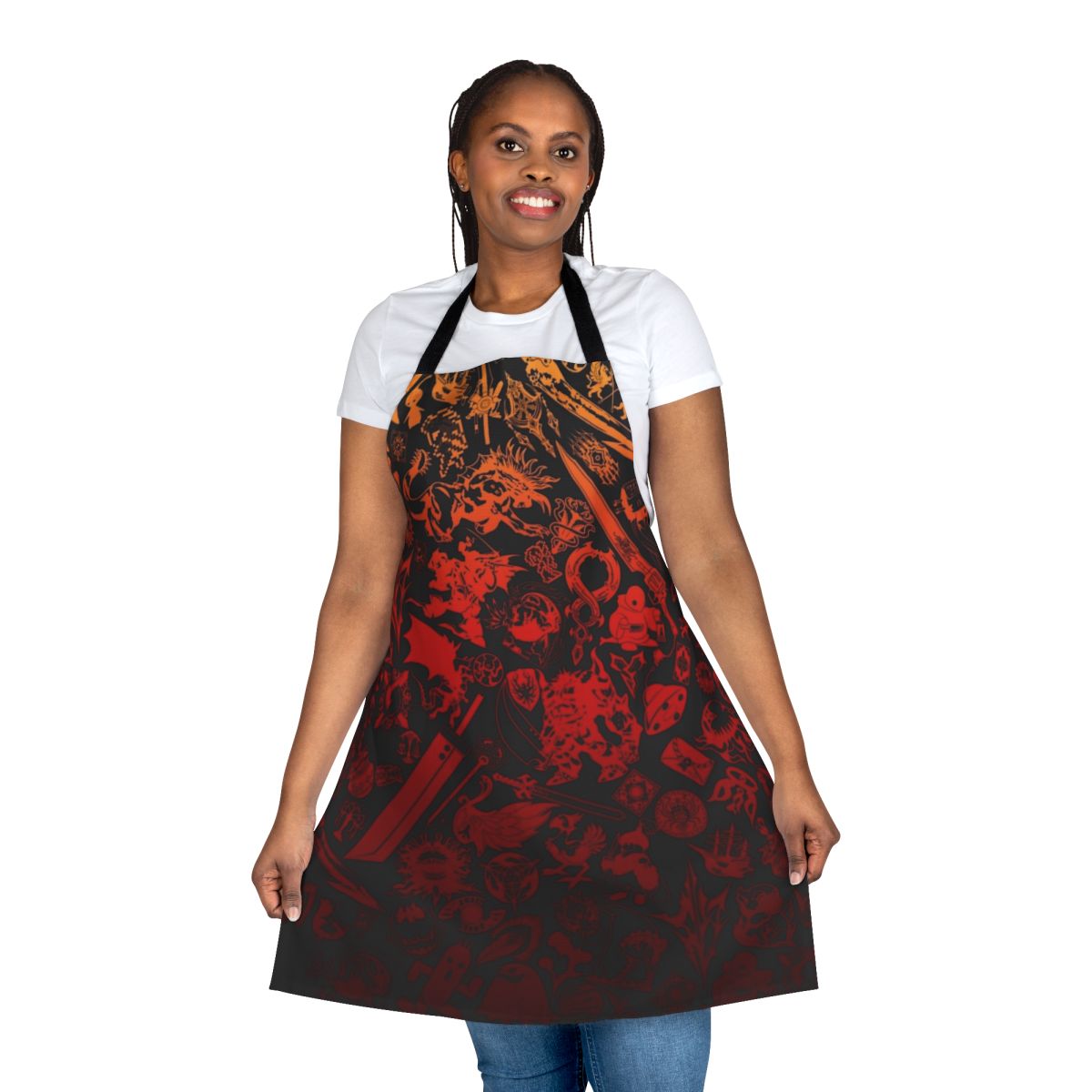 A vibrant red apron featuring the iconic Moogle design, perfect for Final Fantasy enthusiasts.