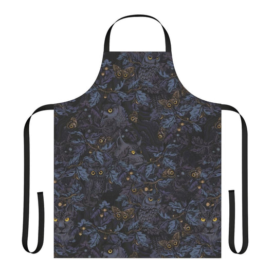 Stylish camo apron with a nature-inspired design featuring owls, leaves, and moonlight.
