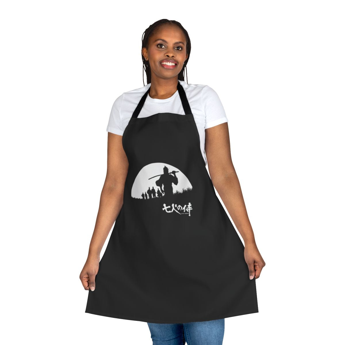 Apron featuring a silhouette of a samurai warrior against a full moon