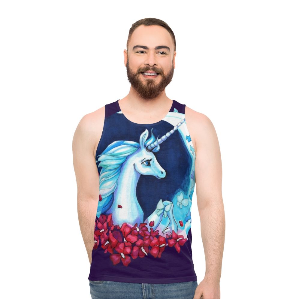 Unisex tank top featuring a whimsical moonlight unicorn design