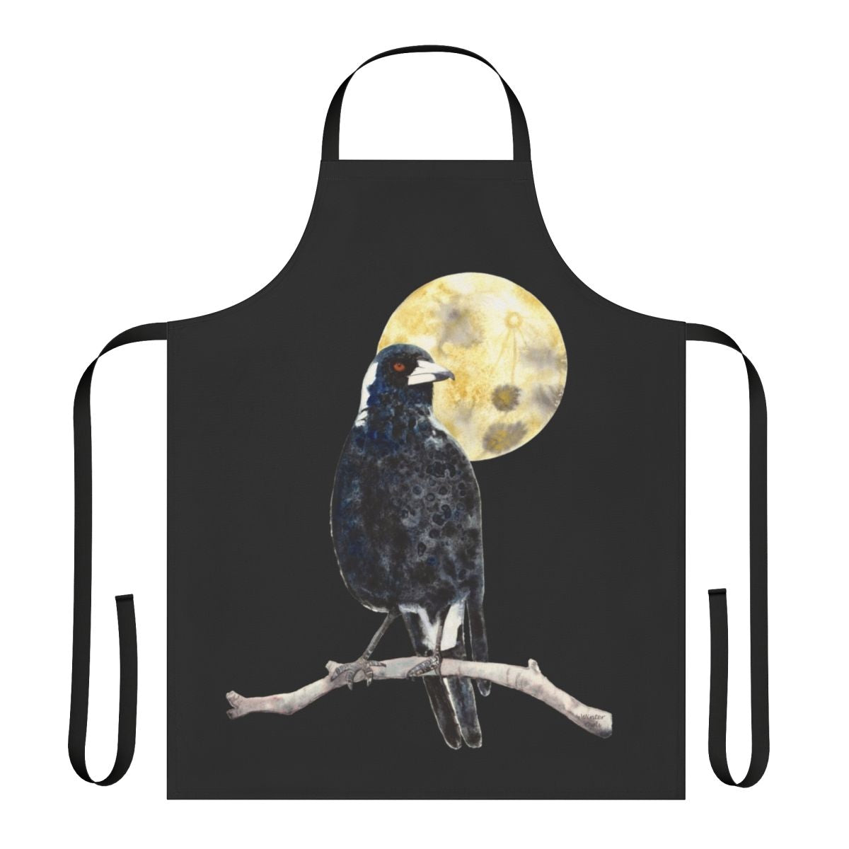 Moonlit Magpie Apron featuring a watercolor illustration of an Australian magpie