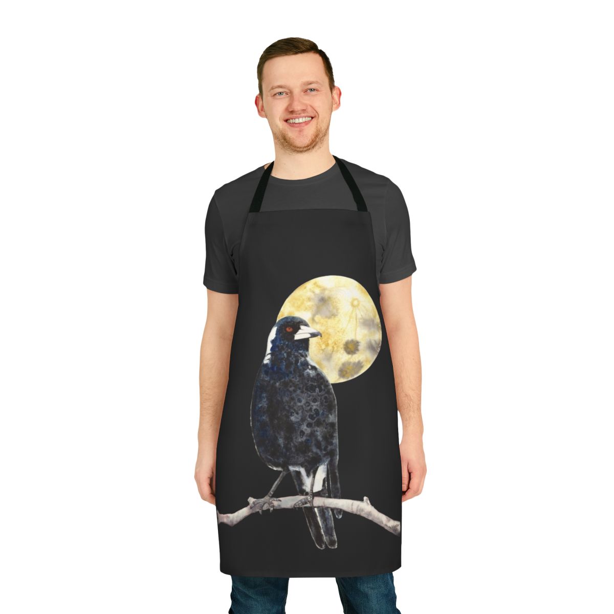 Moonlit Magpie Apron featuring a watercolor illustration of an Australian magpie