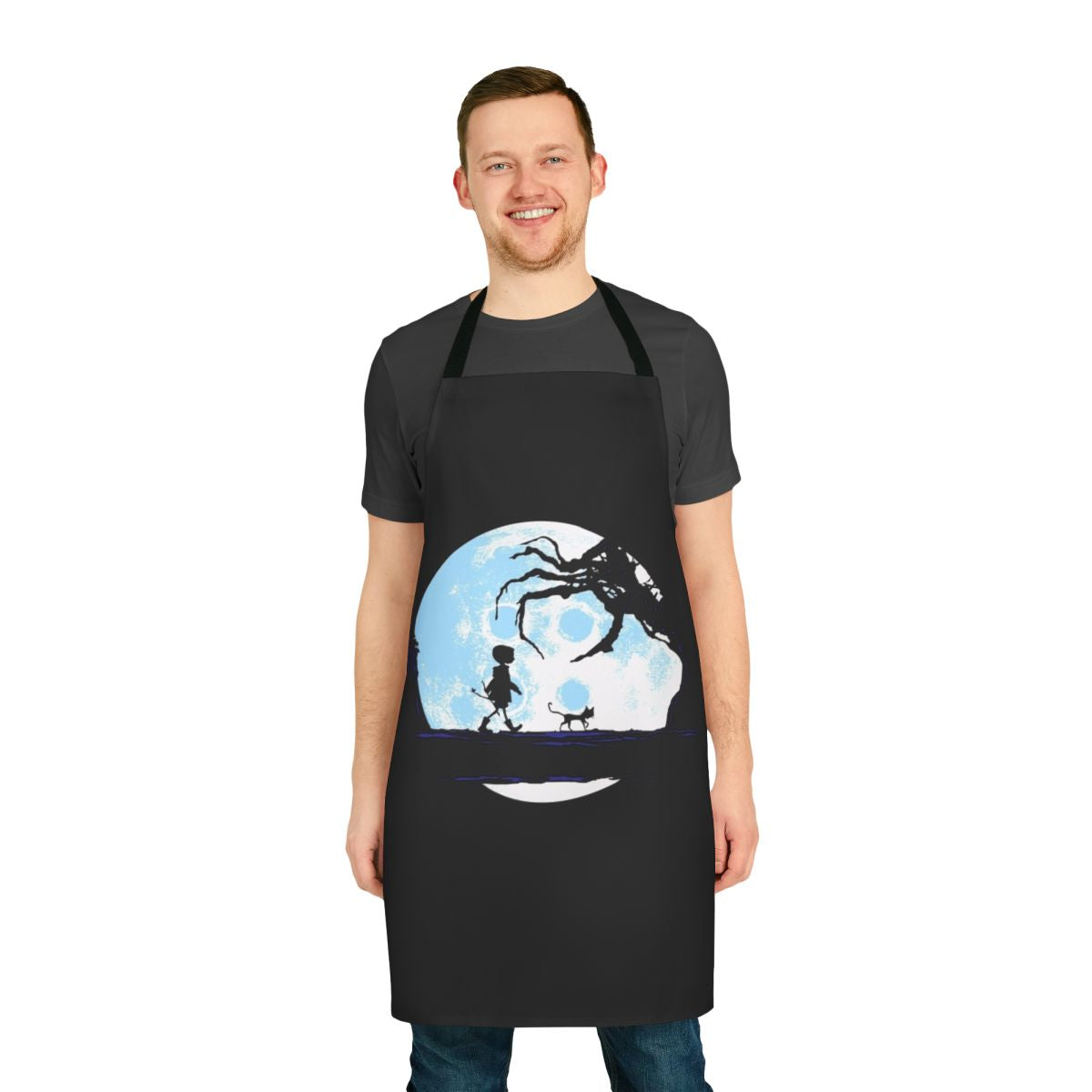 Moonwalk-inspired retro sci-fi apron with cat and nature elements
