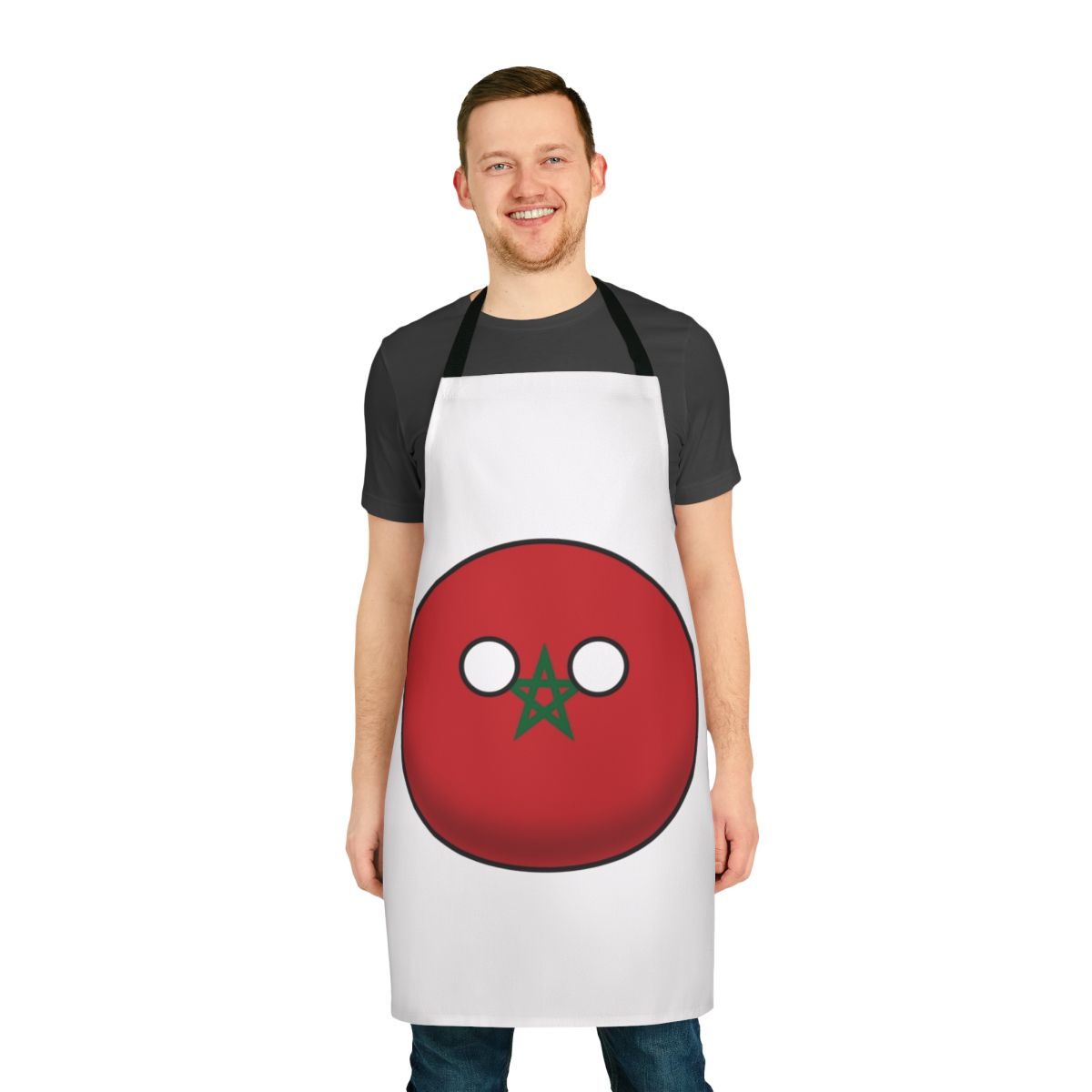 Apron featuring a cartoon-style illustration of the Moroccan flag and the "countryball" character design