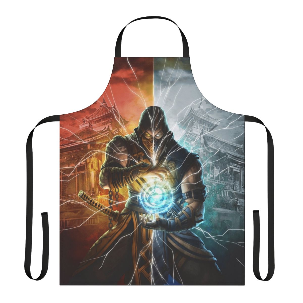Mortal Kombat inspired gaming apron featuring Scorpion and Sub-Zero