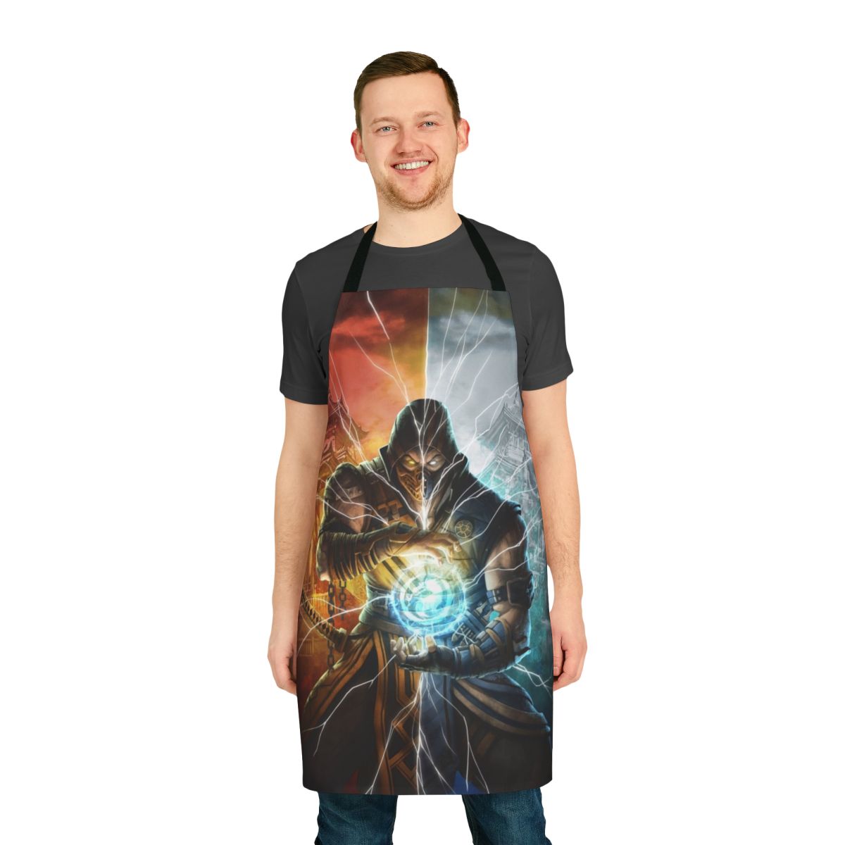 Mortal Kombat inspired gaming apron featuring Scorpion and Sub-Zero
