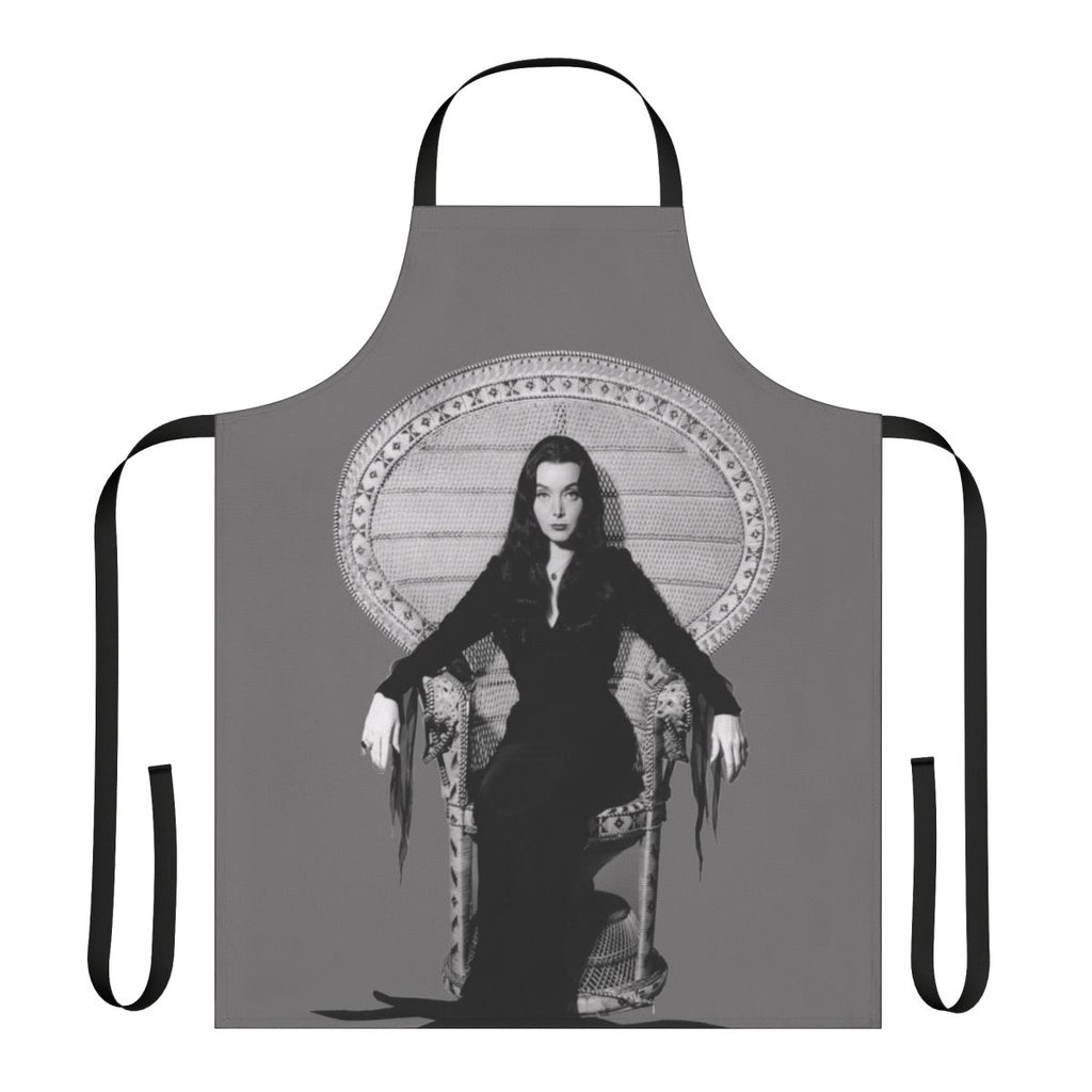 Morticia-Inspired Gothic Halloween Apron with Macabre and Vintage TV Designs