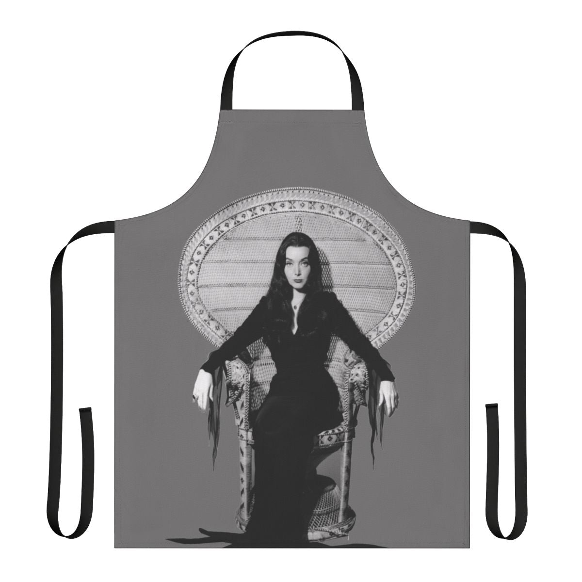 Morticia-Inspired Gothic Halloween Apron with Macabre and Vintage TV Designs