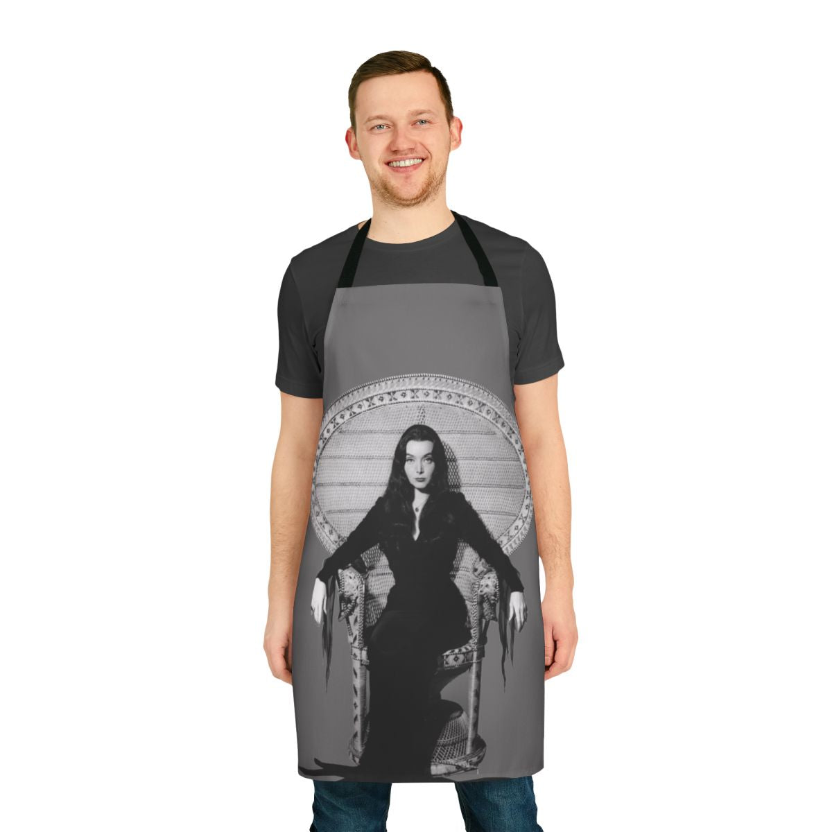 Morticia-Inspired Gothic Halloween Apron with Macabre and Vintage TV Designs