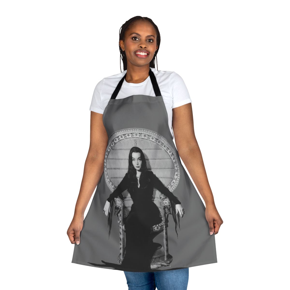 Morticia-Inspired Gothic Halloween Apron with Macabre and Vintage TV Designs