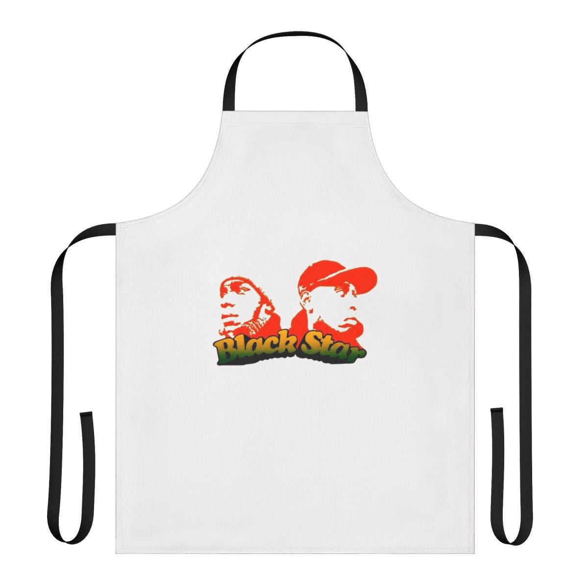 Black and white kitchen apron featuring the Black Star logo, a nod to the iconic hip hop duo Mos Def and Talib Kweli.