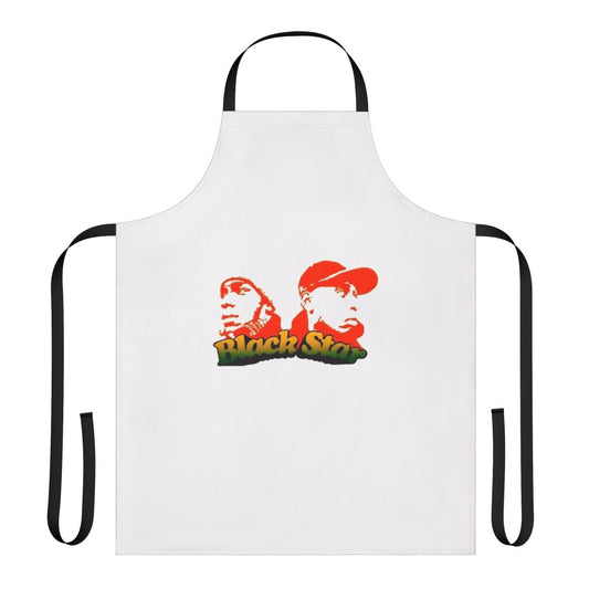 Black and white kitchen apron featuring the Black Star logo, a nod to the iconic hip hop duo Mos Def and Talib Kweli.
