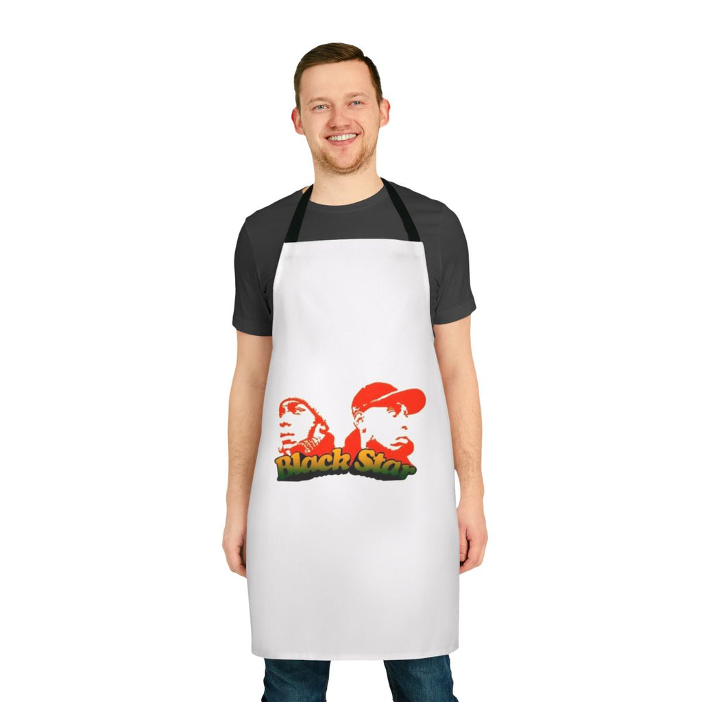Black and white kitchen apron featuring the Black Star logo, a nod to the iconic hip hop duo Mos Def and Talib Kweli.