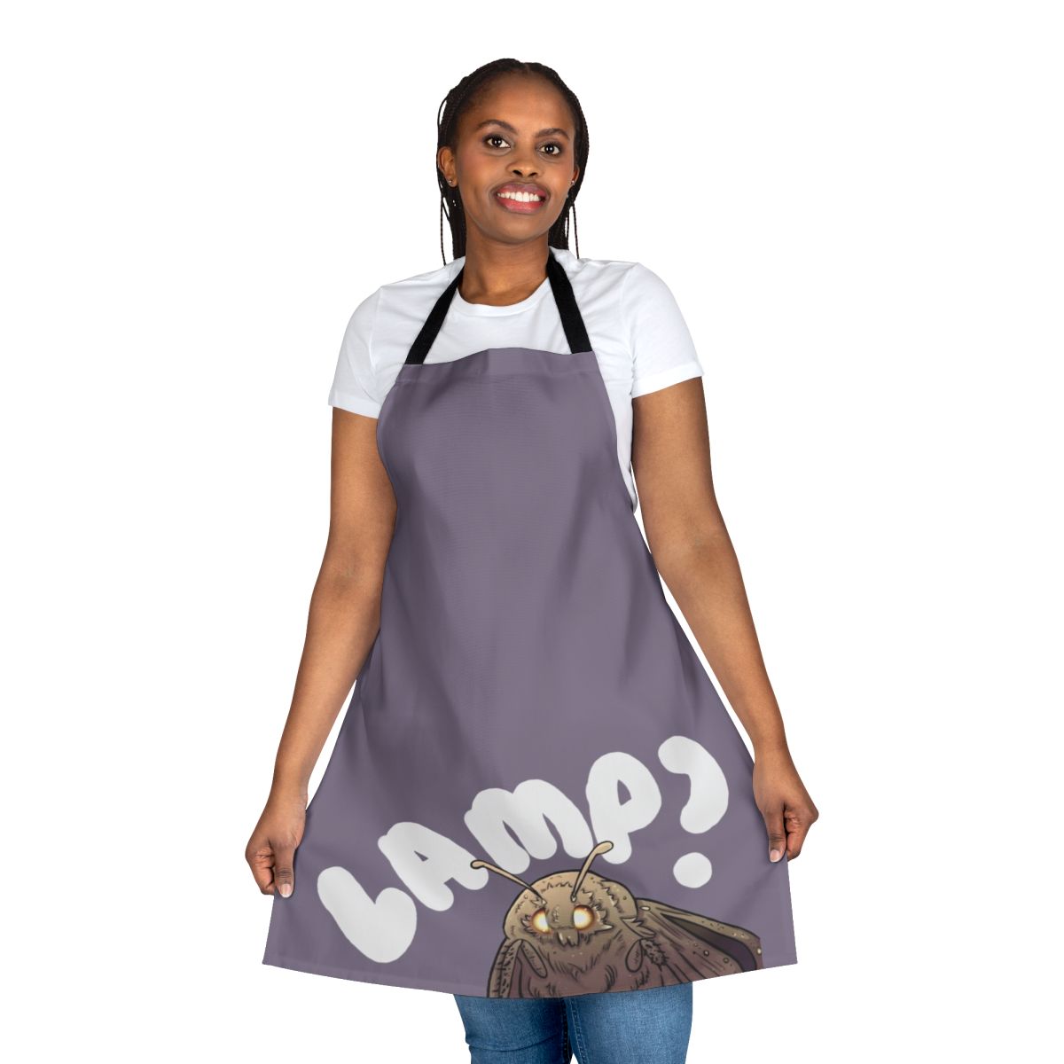 Apron featuring a humorous moth lamp meme design, perfect for nature enthusiasts and fans of internet culture.