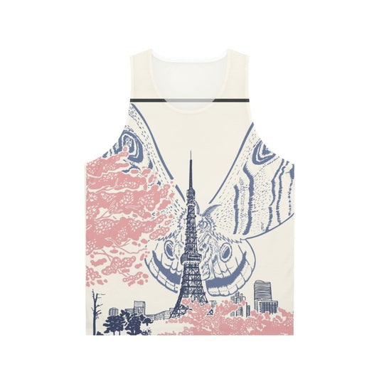 Mothra, a giant moth-like kaiju, towering over Tokyo Tower in a Japanese monster movie-inspired unisex tank top design.