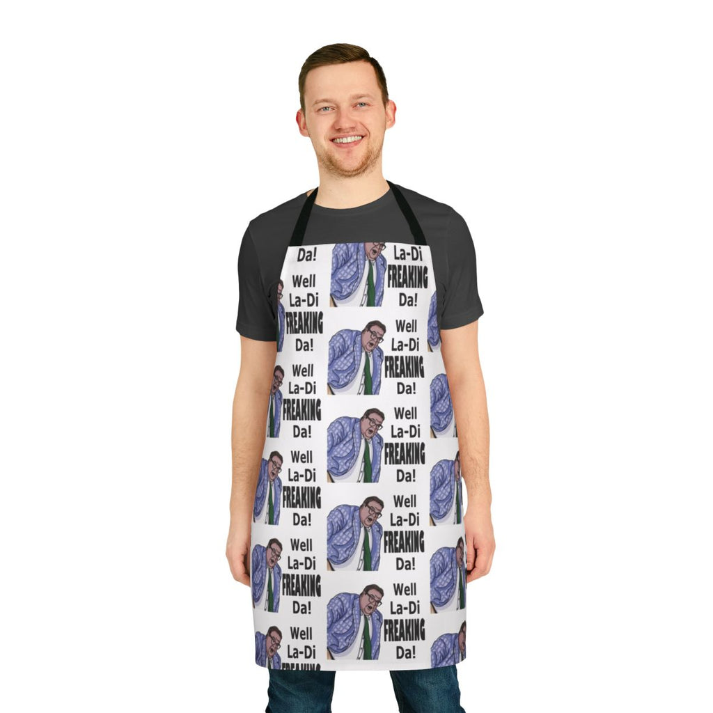 Matt Foley inspired funny kitchen apron featuring the iconic "van down by the river" catchphrase