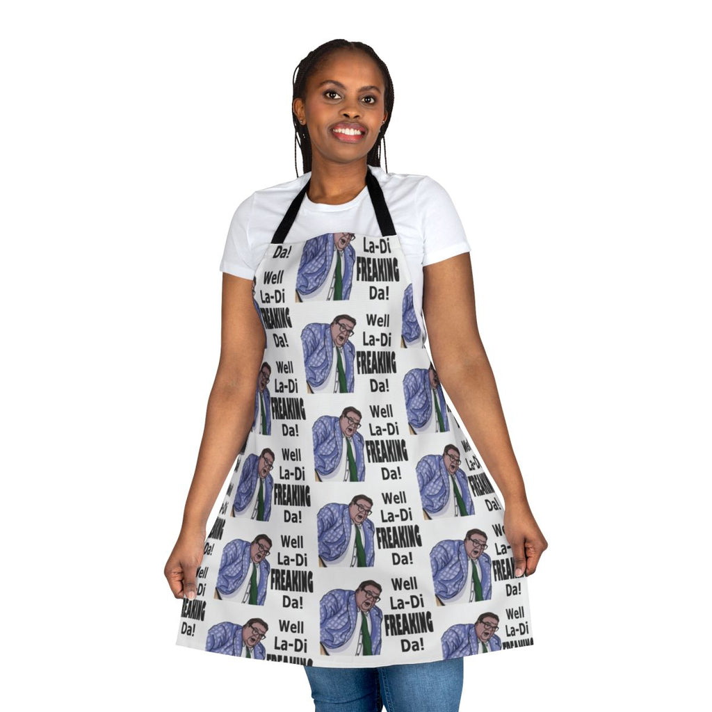 Matt Foley inspired funny kitchen apron featuring the iconic "van down by the river" catchphrase