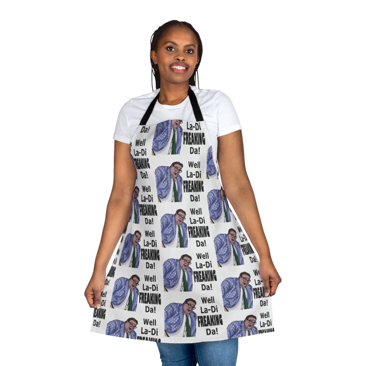 Matt Foley inspired funny kitchen apron featuring the iconic "van down by the river" catchphrase