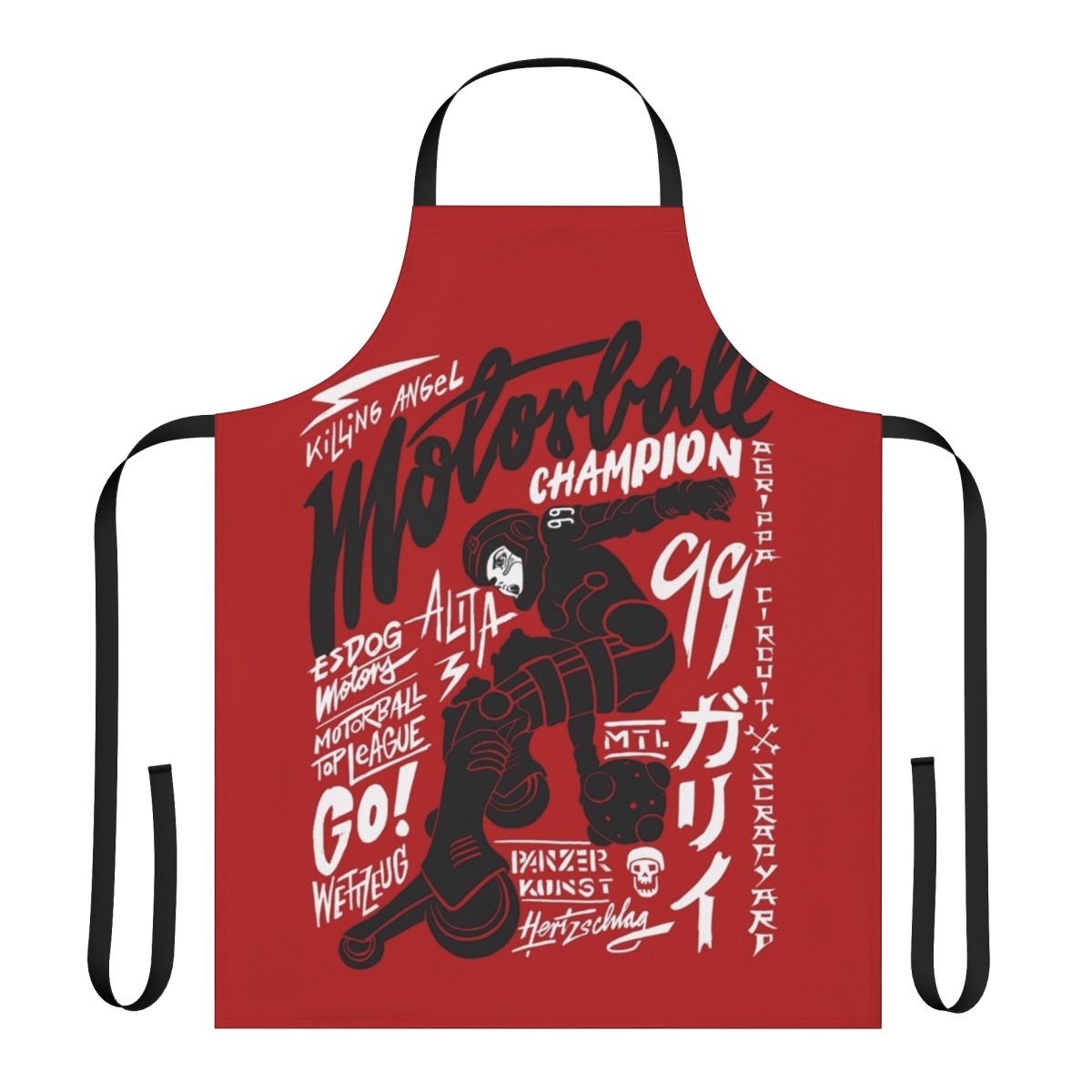 Motorball-inspired apron featuring Alita: Battle Angel design