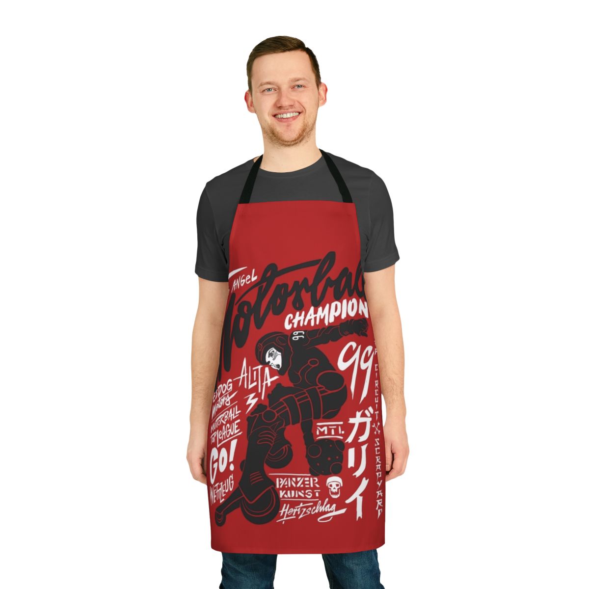 Motorball-inspired apron featuring Alita: Battle Angel design